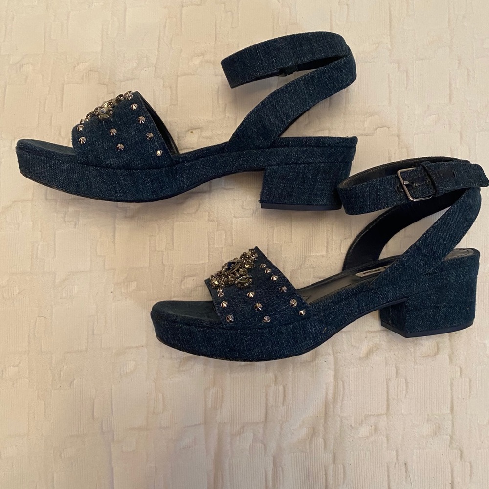 Miu Miu Denim Crystal Chunky Heel Sandals 7* - Picture 4 of 12